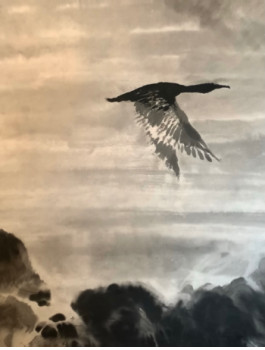 Named contemporary work « cormoran en vol au dessus de rochers noirs », Made by LUCA SIMONINI