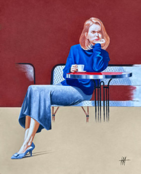Named contemporary work « Femme en bleue à la terrasse d'un café », Made by VENTURINI JEAN JACQUES