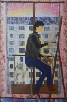 Named contemporary work « Un chat frappe au carreau », Made by KATIA HUIDOBRO-MARAIS