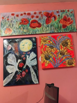 Named contemporary work « Des fleurs pour l au delà, tournesols et lavandes, coquelicots dans la prairie », Made by THéRèSE LYSSIA