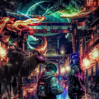 Named contemporary work « Asian cyberpunk street », Made by PAPYNEKO55