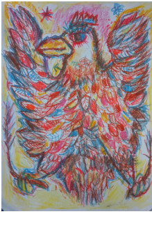 Named contemporary work « American eagle aigle royale couleurs vives, pastels sur feuille, 21x30cm. Style art brut art singulier », Made by SYLVAIN DEZ