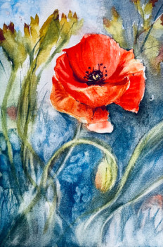 Named contemporary work « Poppy, coquelicot à l'aquarelle », Made by LUCIE FRANCE