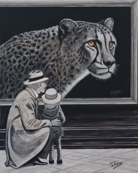 Named contemporary work « Un homme et sa petite fille regardant dans une exposition un tableau représentant un léopard. », Made by JEAN-CLAUDE ROBLES