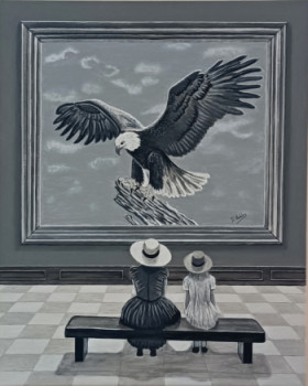 Named contemporary work « Une mère et sa fille regardent un tableau représentant un magnifique aigle. », Made by JEAN-CLAUDE ROBLES