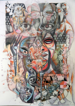 Named contemporary work « Serie PICASSO MESTIZO. Picasso y las máscaras africanas. Mixta cartulina. 70x50  cm. Año 2023 », Made by FELIPE ALARCóN ECHENIQUE