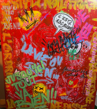 Named contemporary work « 150 modèle acrylique sur toile format 50x70 inspiration street art rouge dominant ,graffiti utilisant plusieurs techniques », Made by RASH