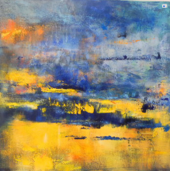 Named contemporary work « Acrylique sur toile - Abstraction en jaune et bleu », Made by FLORE.M