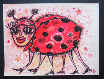 Named contemporary work « Peinture Coccinelle insecte 21x30cm », Made by SYLVAIN DEZ