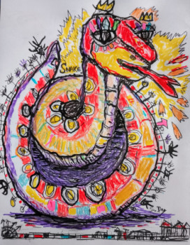 Named contemporary work « Peinture serpent Snake 21x30cm », Made by SYLVAIN DEZ