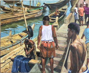 Named contemporary work « Pêcheurs dans le port de Cotonou - Benin », Made by JEAN-FRANCOIS DAMLENCOUR