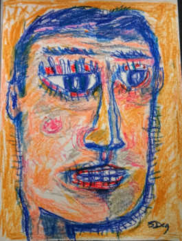 Named contemporary work « Peinture portrait homme visage bleu jaune 21x28cm », Made by SYLVAIN DEZ
