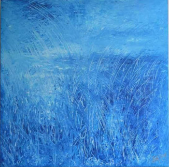 Named contemporary work « Acrylique sur toile de lin 120x120 Peinture aux doigts bleu Klein  à plat sur table . », Made by CARMO