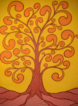 Named contemporary work « Arbre orange sur fond jaune », Made by COPAINTER72