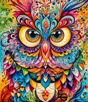 Named contemporary work « A vividly colored owl with intricate patterns and designs with large expressive eyes. », Made by ELEGANTCHIKOVA