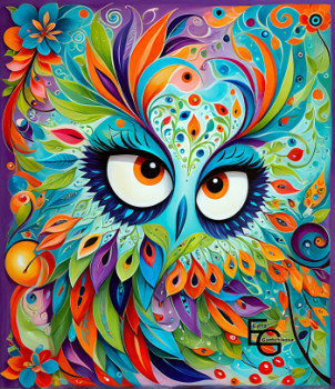 Named contemporary work « Owl with a flower wreath, Wise Eye, Colorful Plumage, Intertwined Visions », Made by ELEGANTCHIKOVA