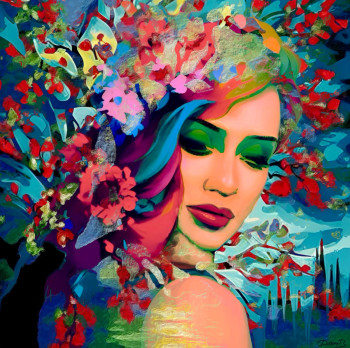 Named contemporary work « Flower full young girl face », Made by DORON B