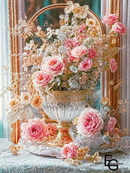 Named contemporary work « Timeless Beauty- A Luxurious Floral Still Life. Blooming Elegance- A Symphony of Roses and Crystal. », Made by ELEGANTCHIKOVA