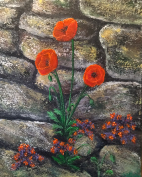 Named contemporary work « Coquelicots sur un mur », Made by ALLAVENA