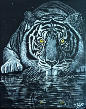 Named contemporary work « Un tigre boit dans la rivière », Made by JEAN-CLAUDE ROBLES