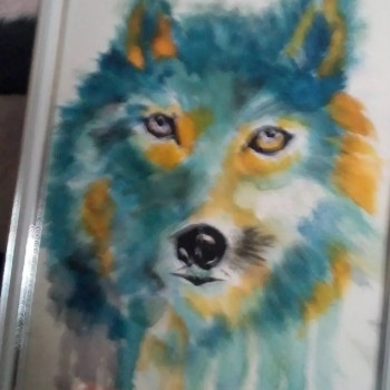 Named contemporary work « Mon loup bleu », Made by CELIAQUARELLE