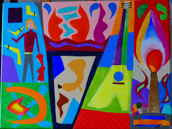 Named contemporary work « Tableau acrylique sur toile La guitare », Made by GILLES FOUQUE