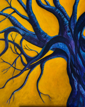 Named contemporary work « Arbre bleu sur fond jaune », Made by MATH