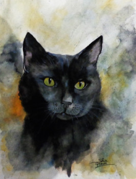 Named contemporary work « chat noir ombre et lumière », Made by SYLVIE PINON