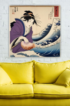 Named contemporary work « La Poétesse et la Vague : Fusion d'Ukiyo-e et Art Numérique| (2022) », Made by GERALD GABORIAU