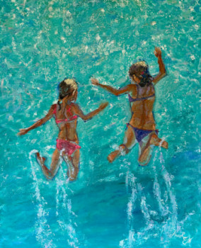 Named contemporary work « Été, peinture figurative, couleur vivante turquoise », Made by LIOUDMILA HARSCOUET