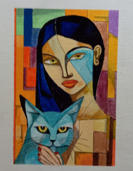 Named contemporary work « Mujer con gato azul », Made by CéSAR VALLADOLID