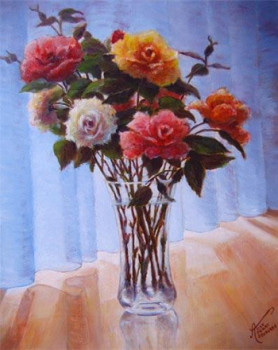 Named contemporary work « Roses de mon jardin », Made by ALICE DENAT-BOURGADE