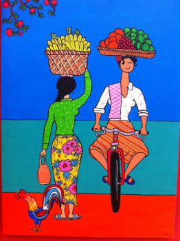 Named contemporary work « Fruits Seller bilking home with her fruits on her Head », Made by STEF