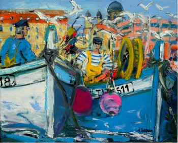 Named contemporary work « LES DEUX PECHEURS DANS LE VIEUX PORT », Made by JEAN-ERIC TURQUIN