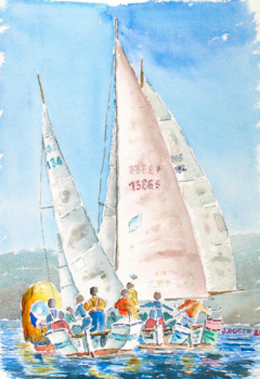 Named contemporary work « régates dans la baie de Marseille en préparation de l'América Cup », Made by ROGER J.