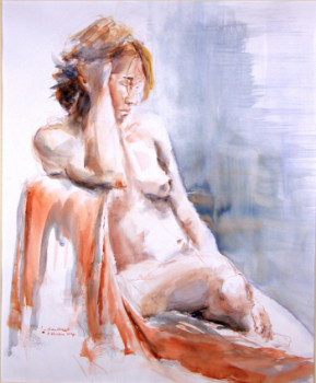 Named contemporary work « Gaëlle au drapé rouge », Made by JOCELYNE CHAUVEAU