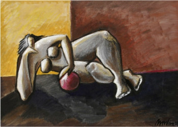 Named contemporary work « LA FEMME ET LA BOULE ROUGE », Made by NATHALIE MOLIN