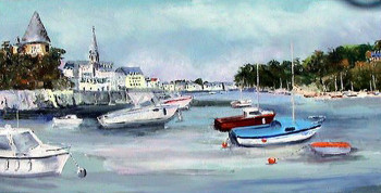 Named contemporary work « Pornic le port en marée basse », Made by GEORGES PESTOURIE