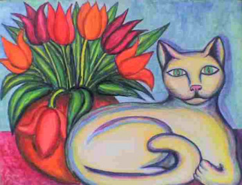 Named contemporary work « Le chat au bouquet », Made by STEPHANE CUNY