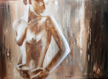 Named contemporary work « Jeune femme nue sur bois usé », Made by GWEN