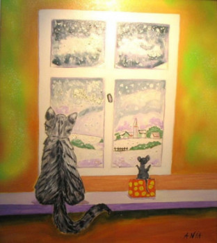 Named contemporary work « Chat et souris à Noel », Made by ANIA