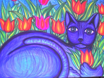 Named contemporary work « Die blaue Katze im Feld von Tulpen », Made by STEPHANE CUNY