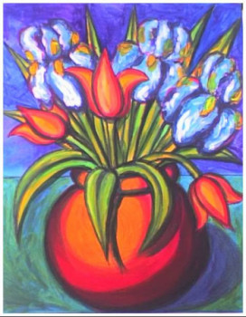 Named contemporary work « Bouquet d'Iris et de Tulipes », Made by STEPHANE CUNY