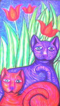 Named contemporary work « Les deux chats aux tulipes », Made by STEPHANE CUNY