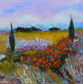 Named contemporary work « Coquelicots aux deux cyprès », Made by RAOUL RIBOT