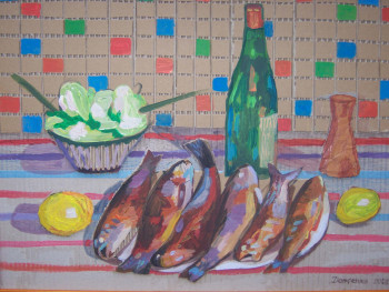 Named contemporary work « stllife with fish », Made by LESYA DEMCHENKO