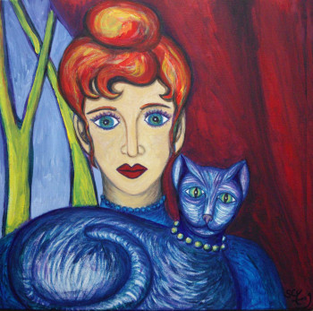 Named contemporary work « Femme rousse au chat bleu », Made by STEPHANE CUNY