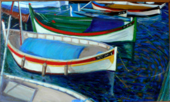 Named contemporary work « Barques de pêcheurs, huile sur toile », Made by SABAH