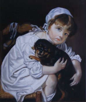 Contemporary work named « Un jeune enfant qui joue avec un chien (PEINTURE DE GREUZE) », Created by CATHERINE MARTIN