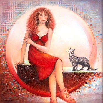 Named contemporary work « La fille au chat de Ravenne », Made by ANNIE GILBERT